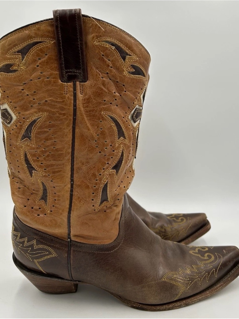 Corral Women Brown Cross Distress Leather Western Pull On Snip Toe Boots Sz 10 M